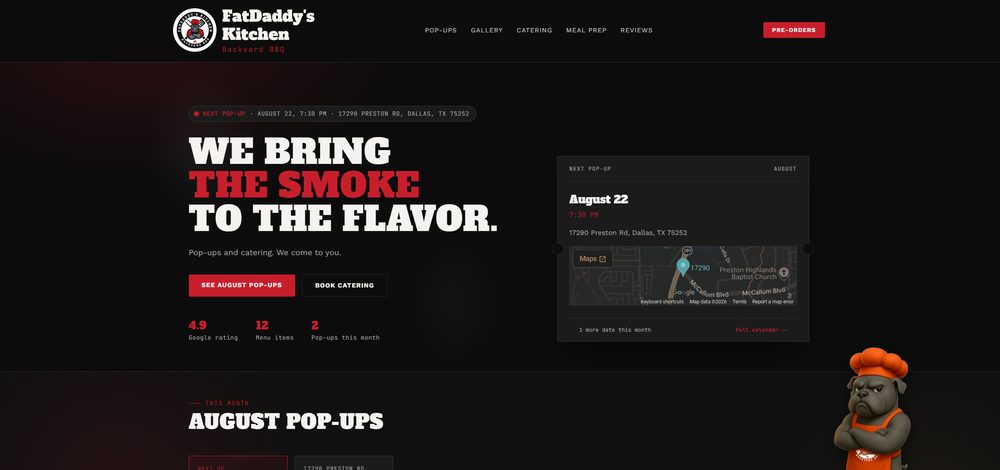 FatDaddy's Kitchen homepage, a Dallas backyard BBQ pop-up and catering business