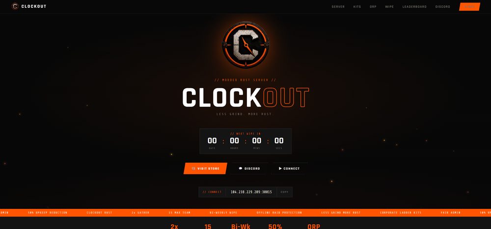 CLOCKOUT homepage, a modded Rust game server