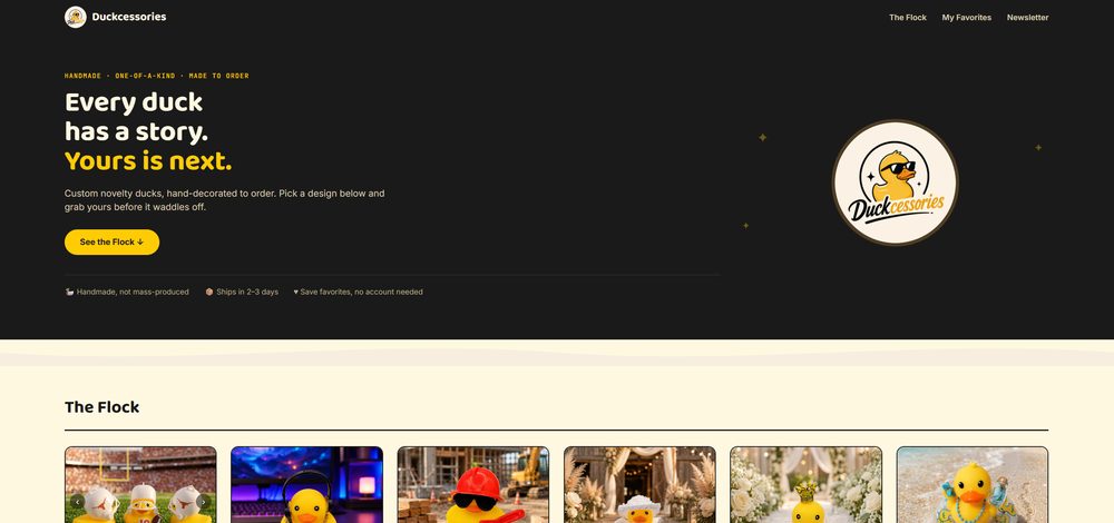 Duckcessories homepage, a shop selling handmade custom novelty rubber ducks