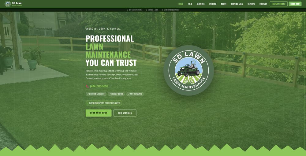 SD Lawn Maintenance homepage, a lawn care company serving Cherokee County, Georgia