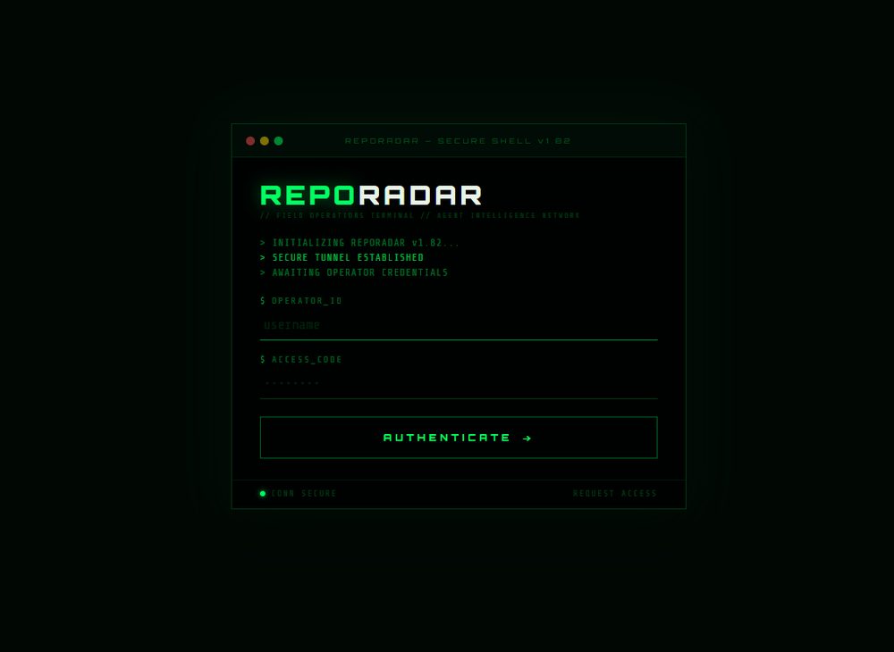 RepoRadar homepage, a private field-operations platform for the vehicle recovery industry